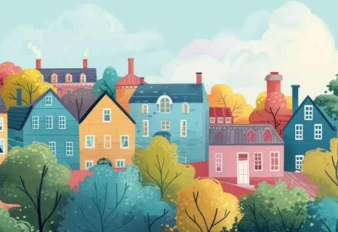 Illustration of a colourful street of homes