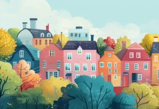 Illustration of a colourful street of homes