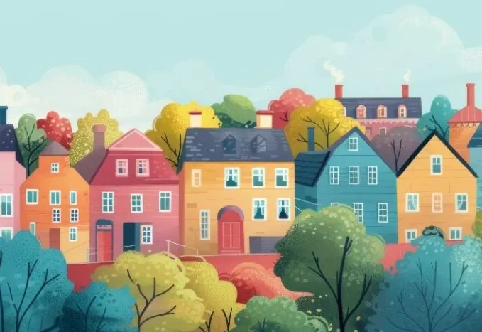 Illustration of a colourful street of homes