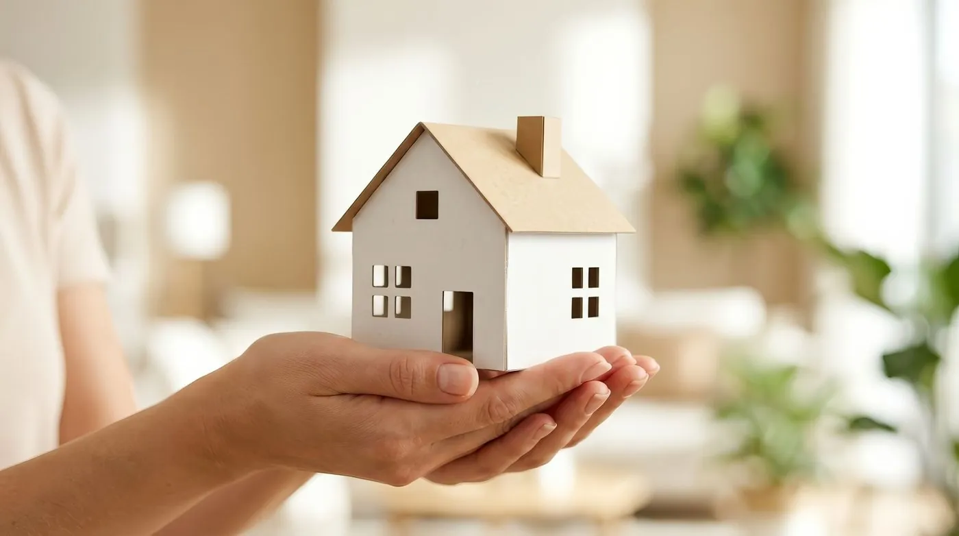 Hands holding a small model house